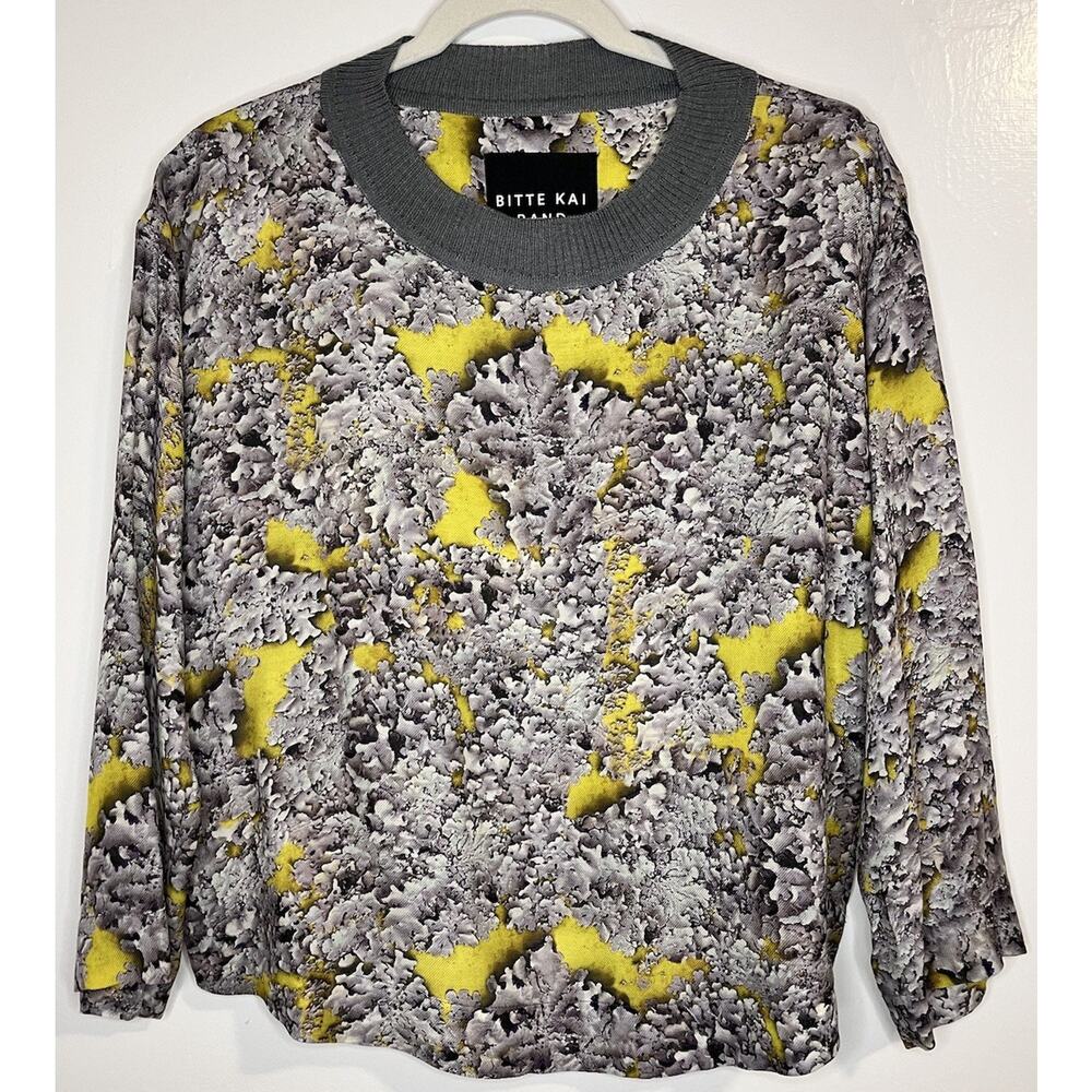 Bitte Kai Rand Women’s Top Silk Wool Abstract Gray Neon Yellow Workwear